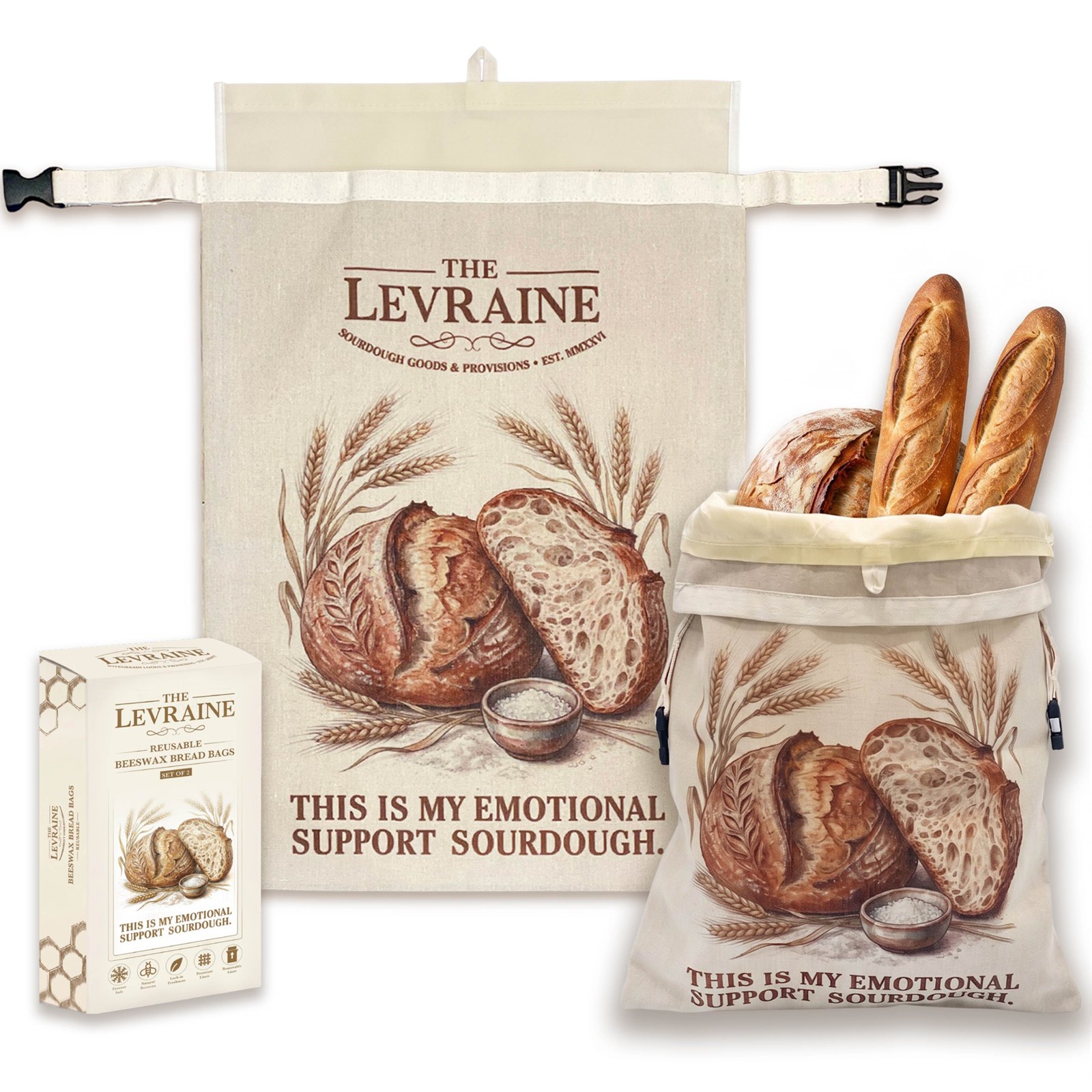 LEVRAINE reusable beeswax bread bag set with packaging